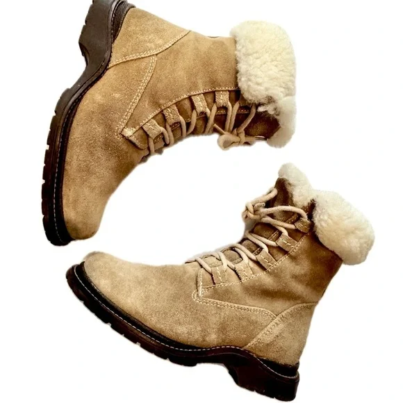 L.L. Bean Vintage Lace Up Shearling Fur Cuff Lace Up Winter Combat Ankle Boots - Picture 2 of 4